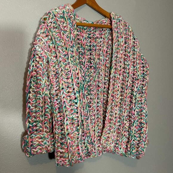 Women's Luxury Chunky Crochet Cardigan Multicolor Pastel Size L/XL - Picture 5 of 5